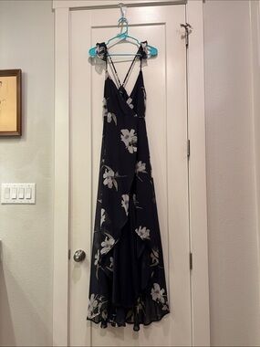 Floral Wrap Formal Maxi Dress - Navy with White Floral
